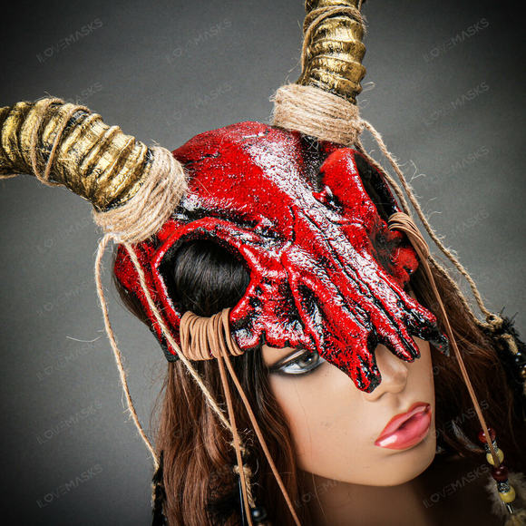 Antelope Devil Animal Skull with Gold Impala Horns Masquerade Mask - Bloody Red - Picture 10 of 10